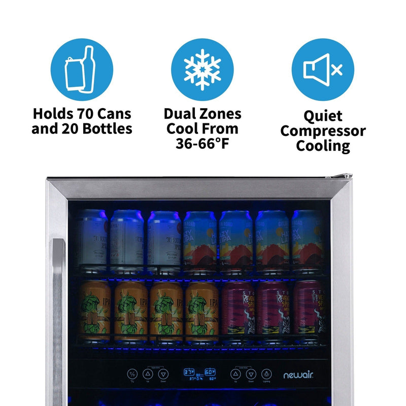 Newair - 24” 20-Bottle/70 Can Dual-Zone Built-in/Freestanding Wine & Beverage Center AWB-400DB in Stainless Steel w/ SplitShelf™ & Smooth Rolling Shelves