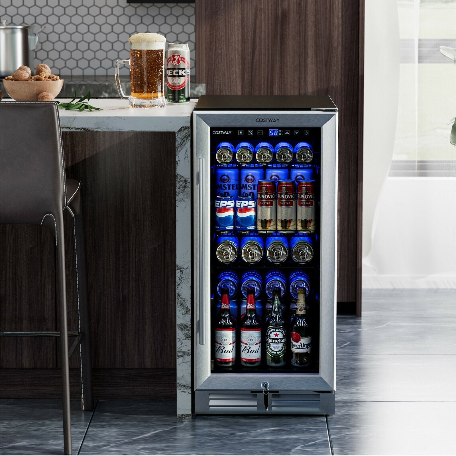 Costway Beverage Refrigerator 15" 100 Can Built-in/Freestanding with Adjustable Temp and Shelf New - FP10126US-SL