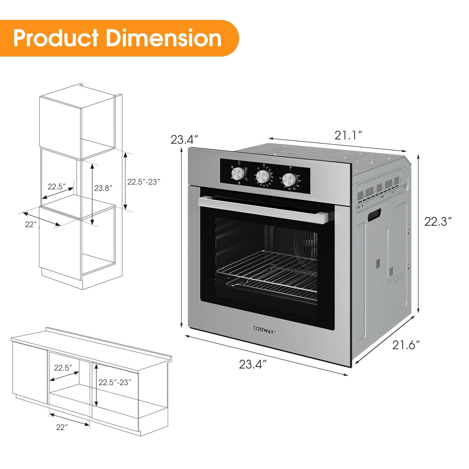 Costway Single Wall Oven 24" 2.47 Cu.ft with 5 Cooking Modes 2300W New - FP10040US-SL