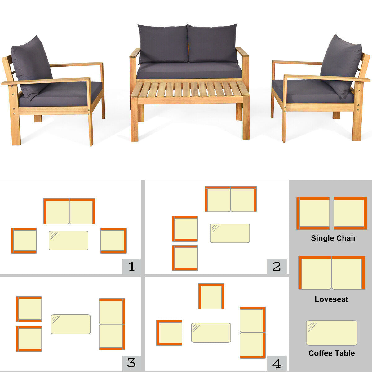 Costway Patio Furniture Set 4 Pieces Acacia Wood with Water Resistant Cushions New - HW69256GR+