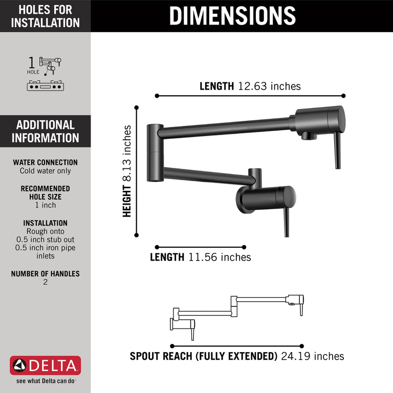 Delta Wall Mount Contemporary Pot Filler in Matte Black, 1165LF-BL