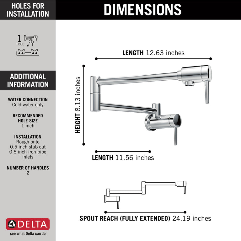 Delta Wall Mount Contemporary Pot Filler in Chrome - 1165lf