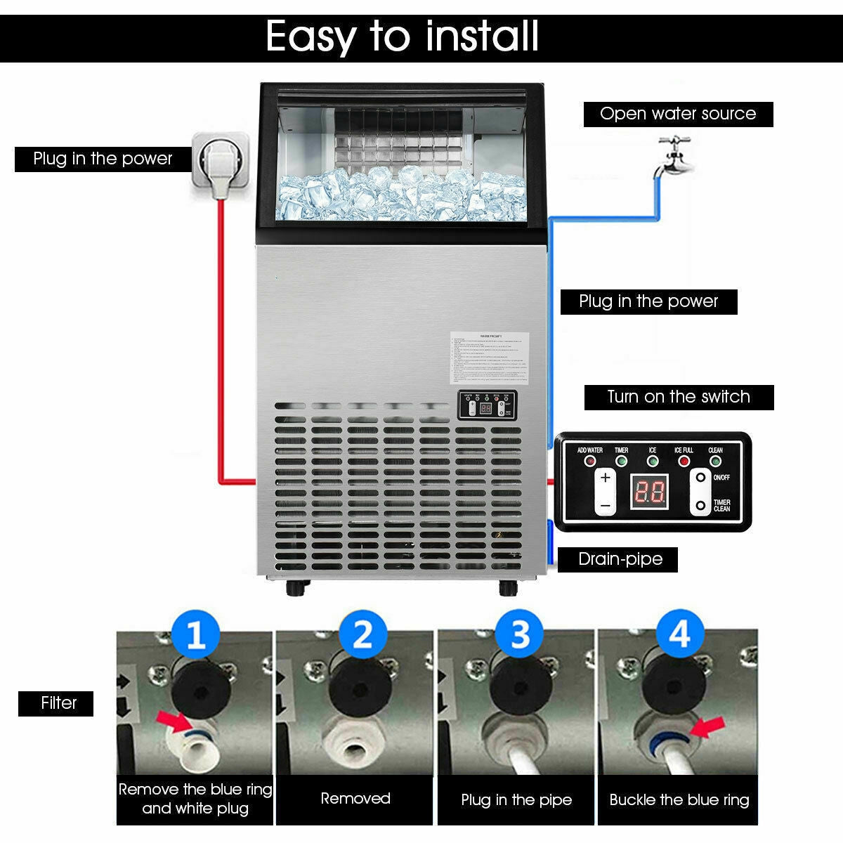 Costway Commercial Ice Maker Stainless Steel 110 lbs/Day 33 lbs Storage Capacity New - EP21967