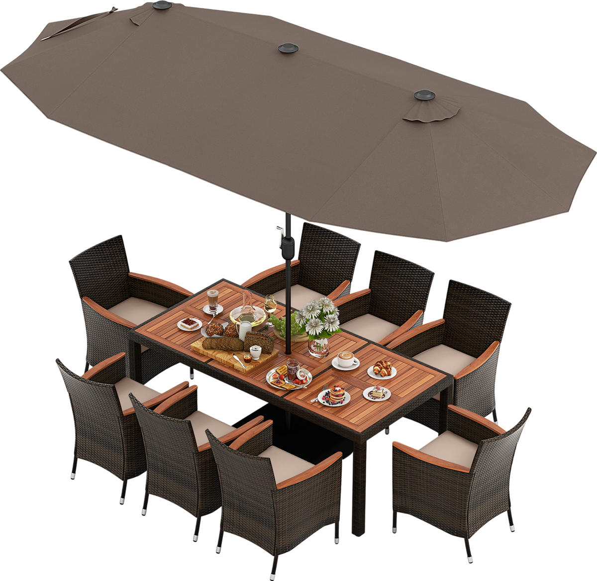 Costway Patio Dining Set 10 Pieces with 15' Double-Sided Umbrella New - NP11368CF+HW71814+