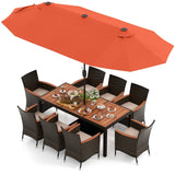 Costway Patio Dining Set 10 Pieces with 15' Double-Sided Umbrella New - NP11368CF+HW71814+