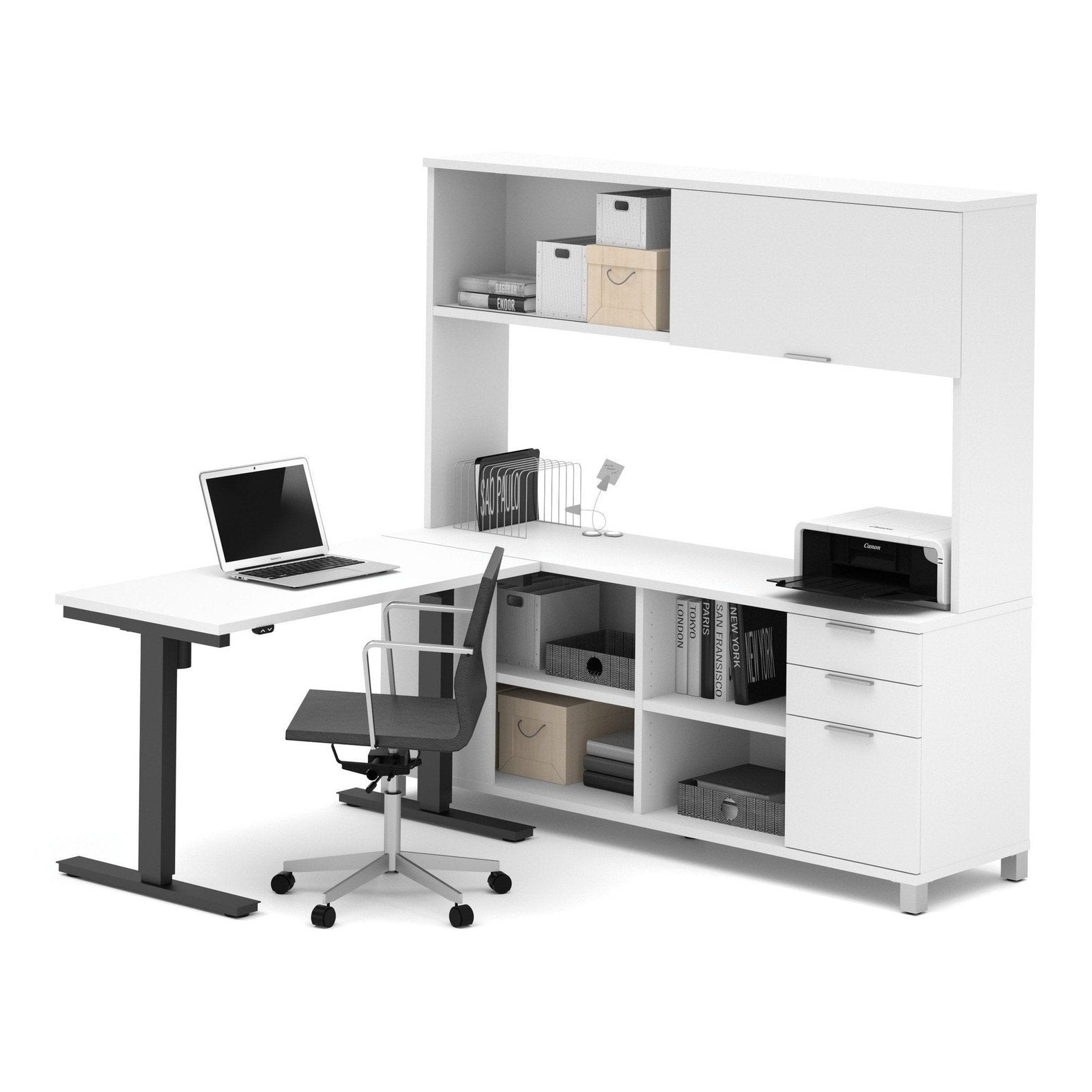 Bestar Pro-Linea L-Desk with Hutch & Electric Height Adjustable Table