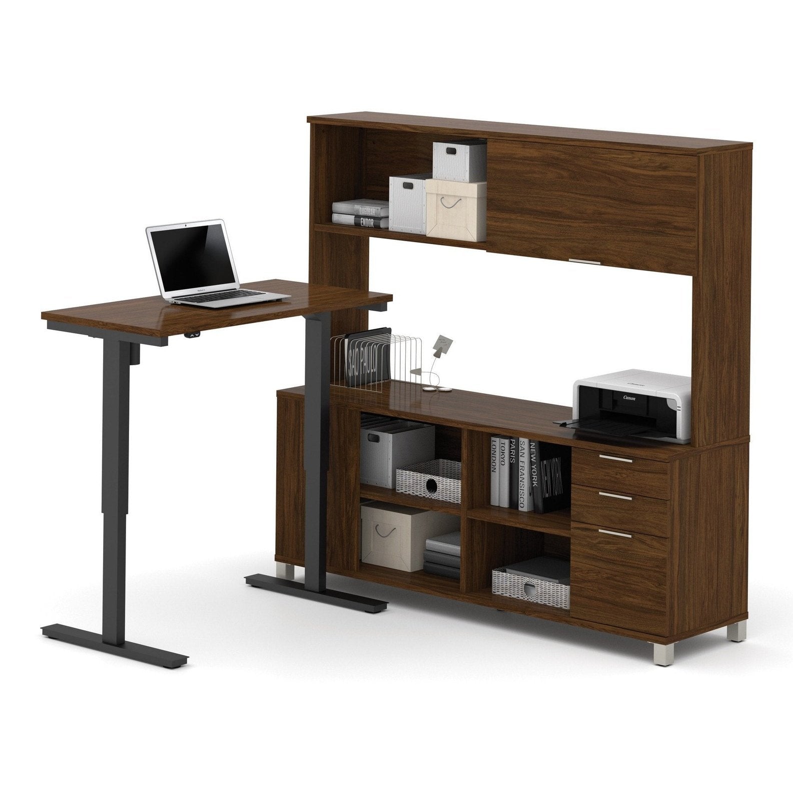 Bestar Pro-Linea L-Desk with Hutch & Electric Height Adjustable Table