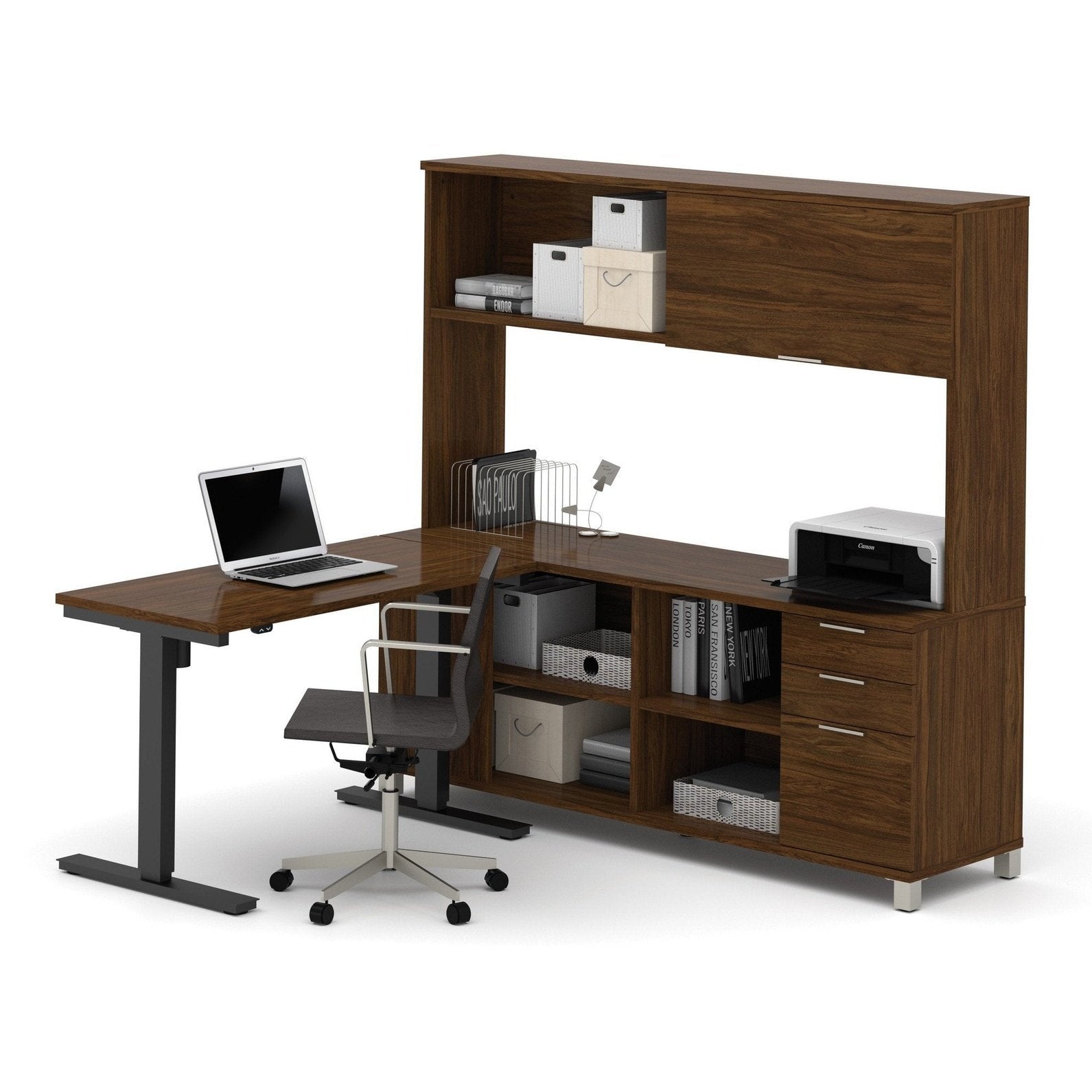 Bestar Pro-Linea L-Desk with Hutch & Electric Height Adjustable Table