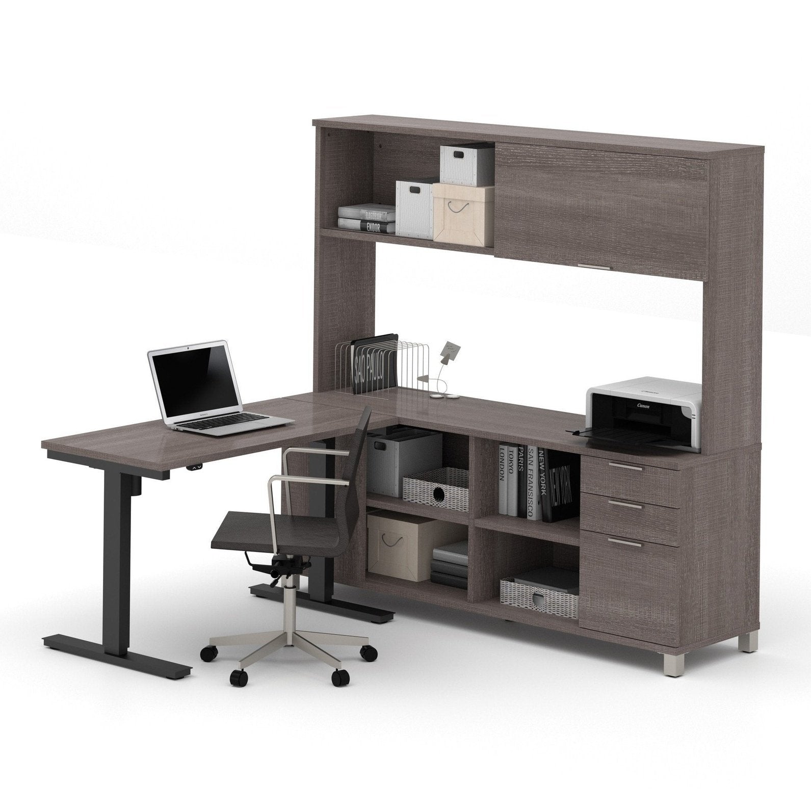 Bestar Pro-Linea L-Desk with Hutch & Electric Height Adjustable Table