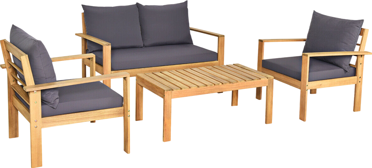 Costway Patio Furniture Set 4 Pieces Acacia Wood with Water Resistant Cushions New - HW69256GR+