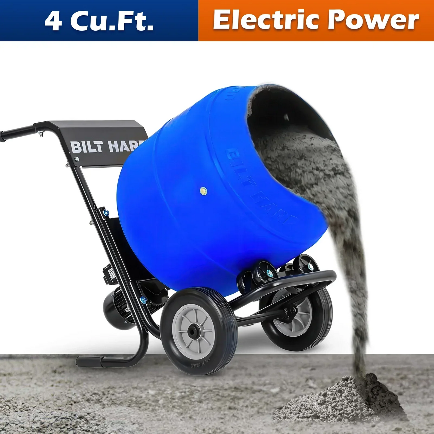 BILT HARD 4 Cu.Ft. Electric Cement Mixer, Heavy Duty Portable - TCA-0053