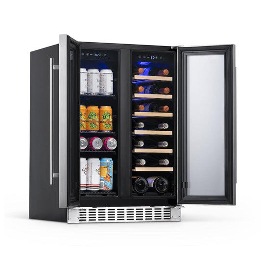 Newair - 24” 20-Bottle/60 Can Dual-Zone French Door Wine & Beverage Center NWB080SS00 w/ Beech Wood Shelves