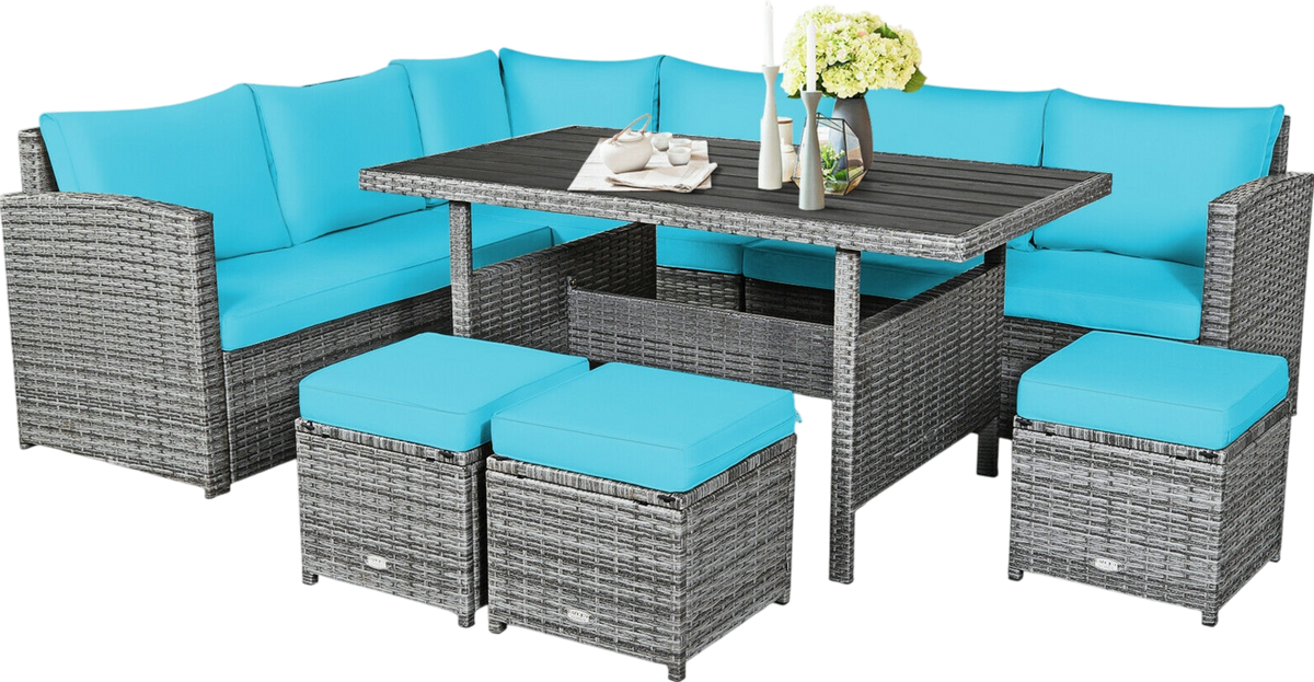 Costway Outdoor Wicker Sectional Sofa Set with Dining Table 7 Pieces New - HW67190CTU+