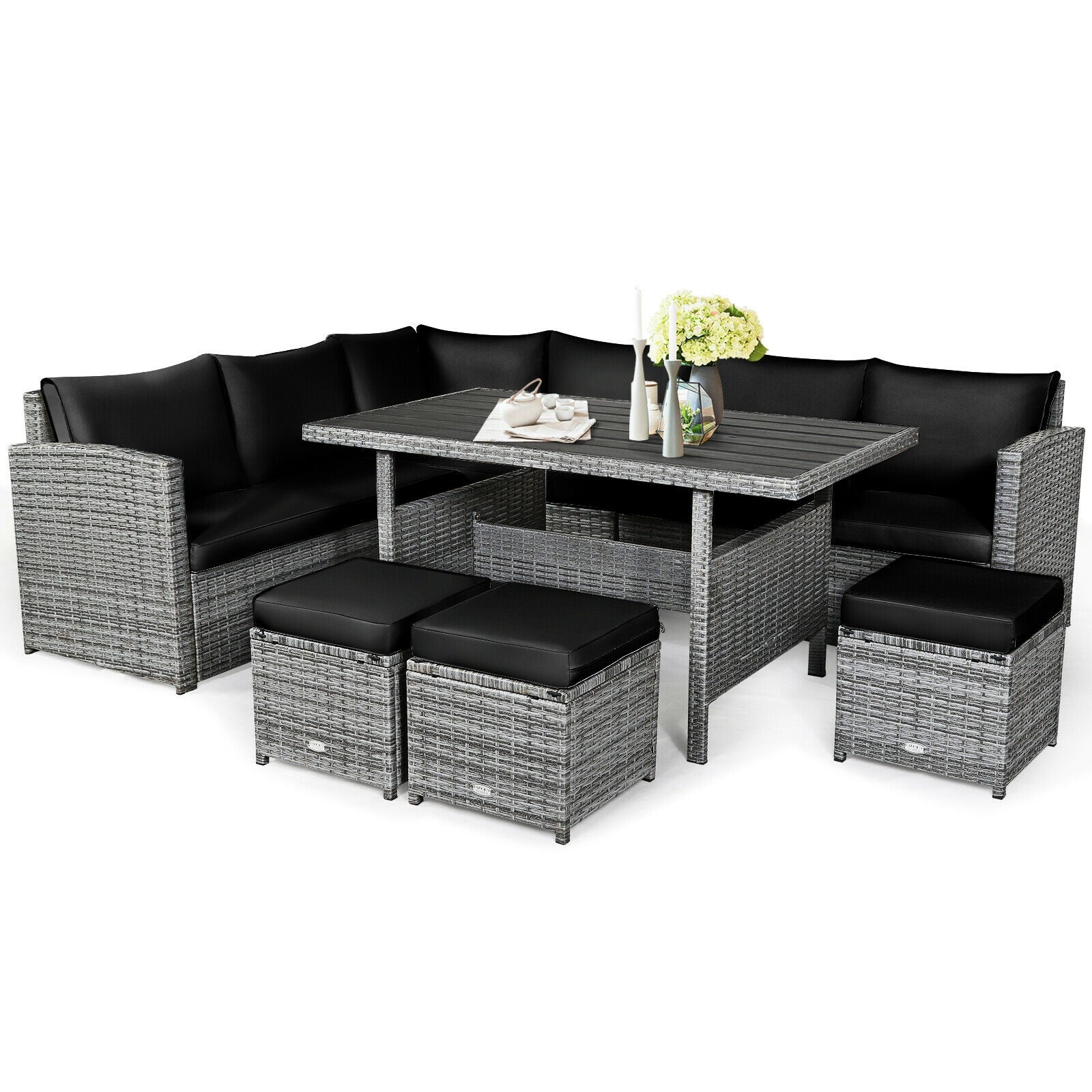 Costway Outdoor Wicker Sectional Sofa Set with Dining Table 7 Pieces New - HW67190CTU+