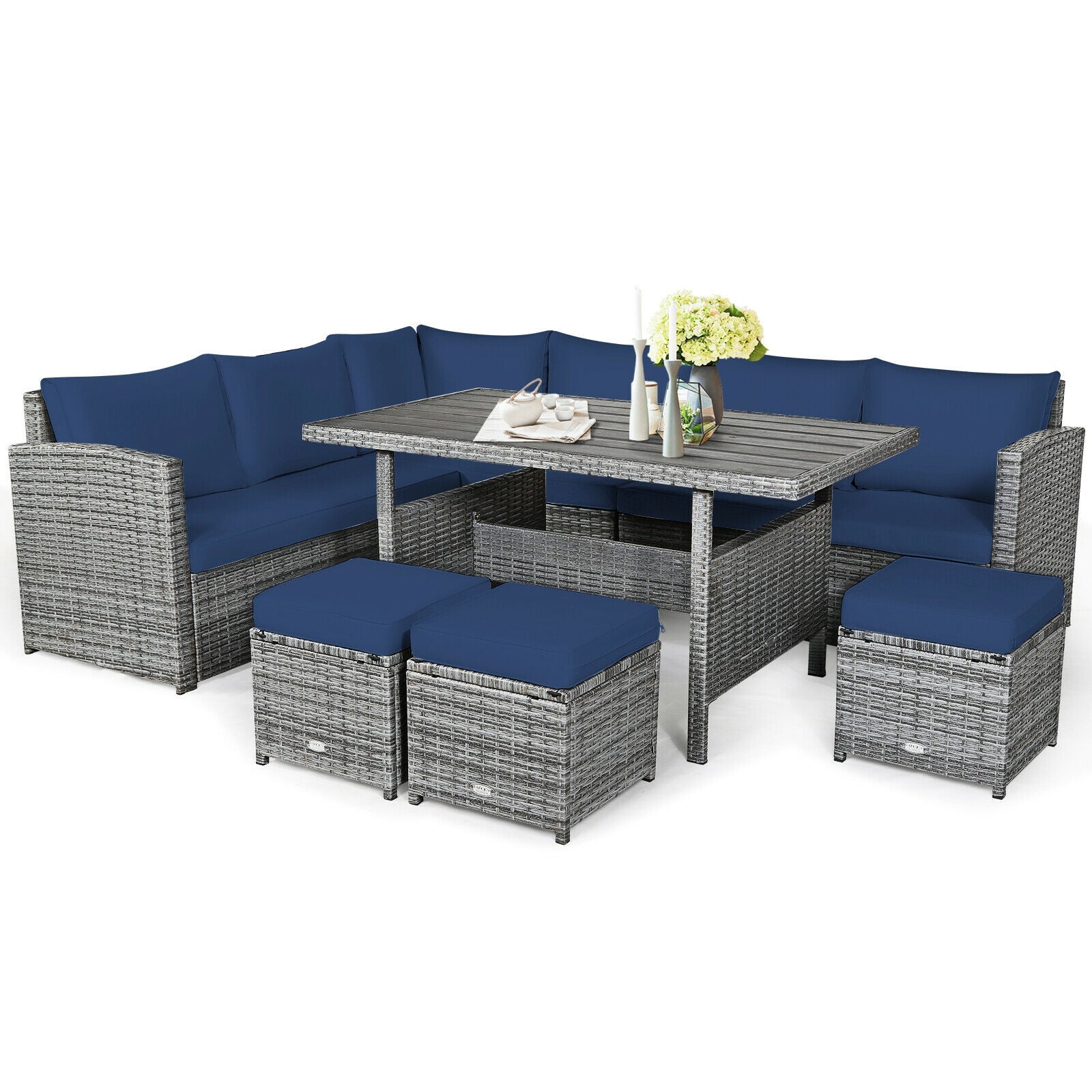 Costway Outdoor Wicker Sectional Sofa Set with Dining Table 7 Pieces New - HW67190CTU+