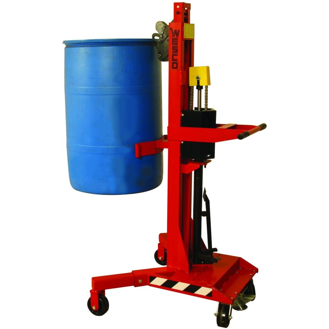 Wesco Industrial Products DM-1100-HR 650 lb. / 1,100 lb. High Reach Ergonomic Hydraulic Drum Handler with Gator Grip Clamp 240154