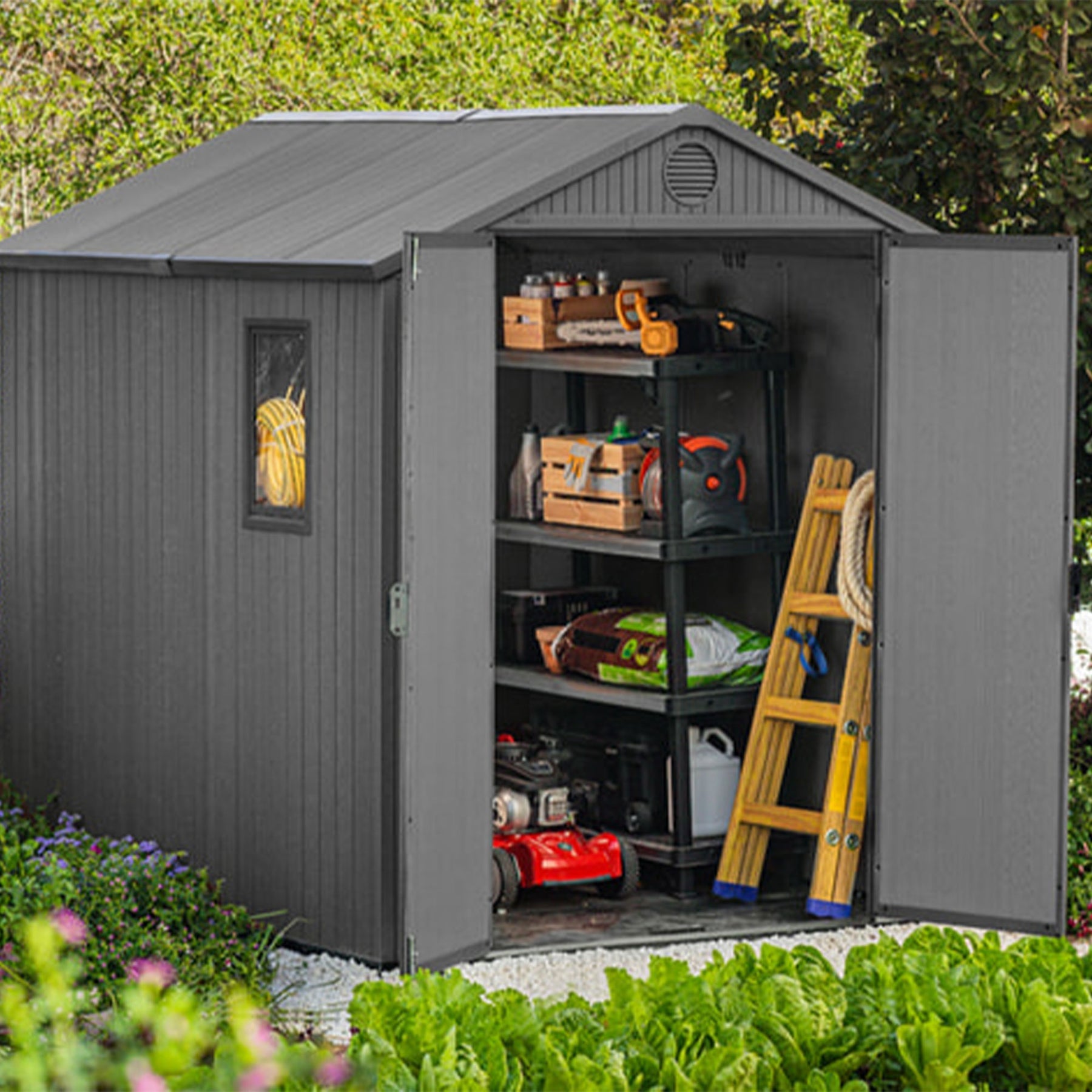 Keter Darwin 6 Foot x 8 Foot Outdoor Garden Tool Storage Shed w/Window, Graphite - 296027