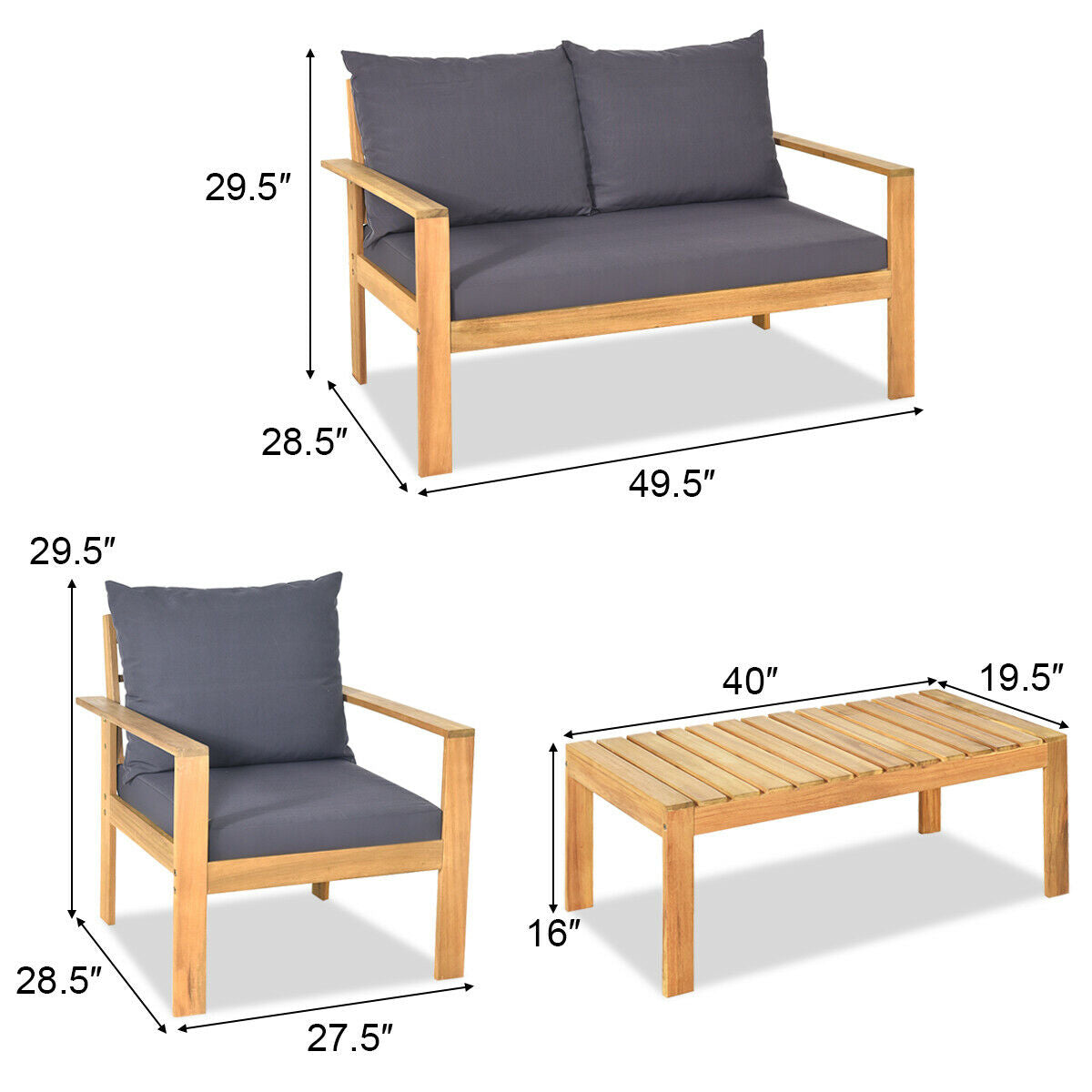 Costway Patio Furniture Set 4 Pieces Acacia Wood with Water Resistant Cushions New - HW69256GR+