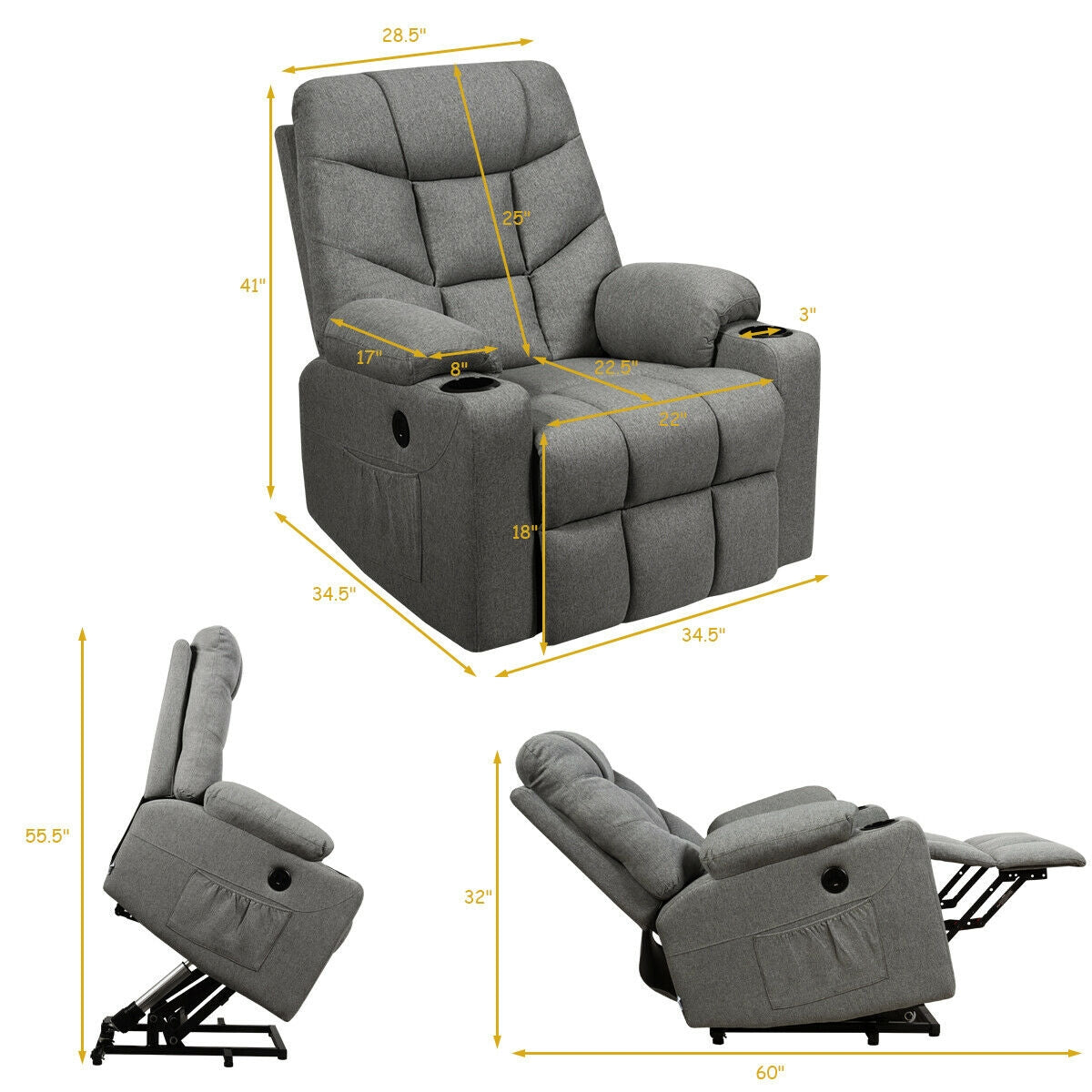 Costway Electric Massage Recliner with Power Lift 8-Point Massage and Lumbar Heat New - HW65587SL+