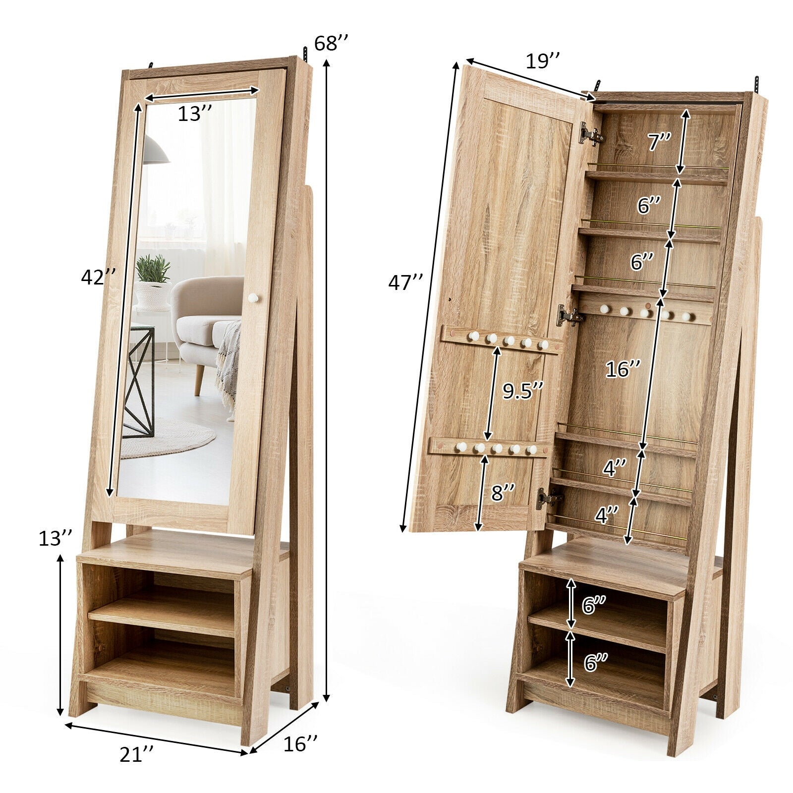 Costway 2-in-1 Full-Length Mirror with Wooden Cosmetics Storage Cabinet New - JV10008+