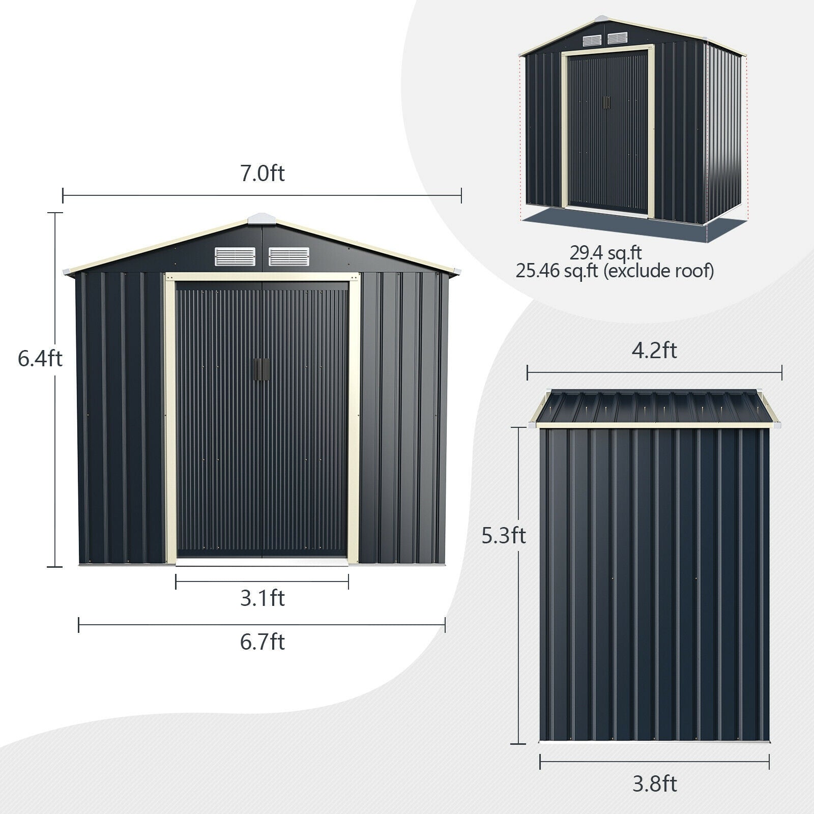 Costway Metal Storage Shed 7' x 4' with Sliding Double Lockable Doors New - GT3731GR+