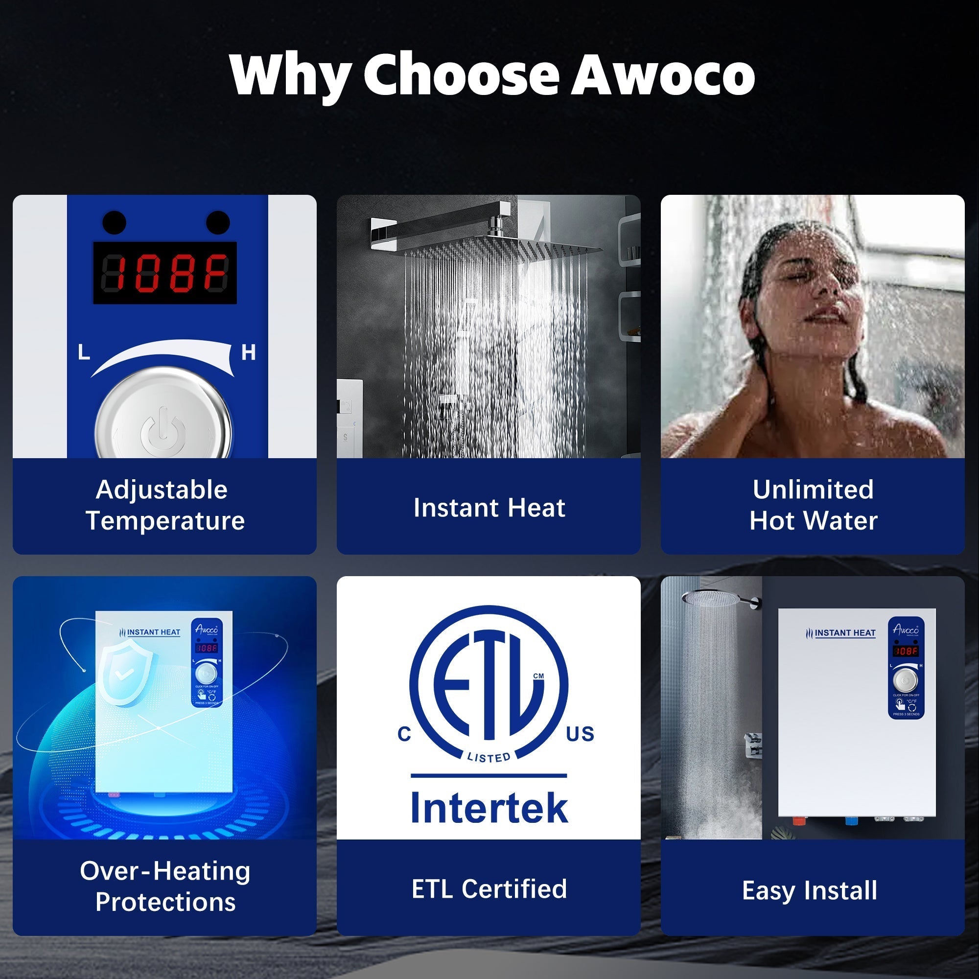 Awoco Electric Tankless Water Heater, 208-240V, Adjustable Instant Heat, Digital Display – WH-EL18K
