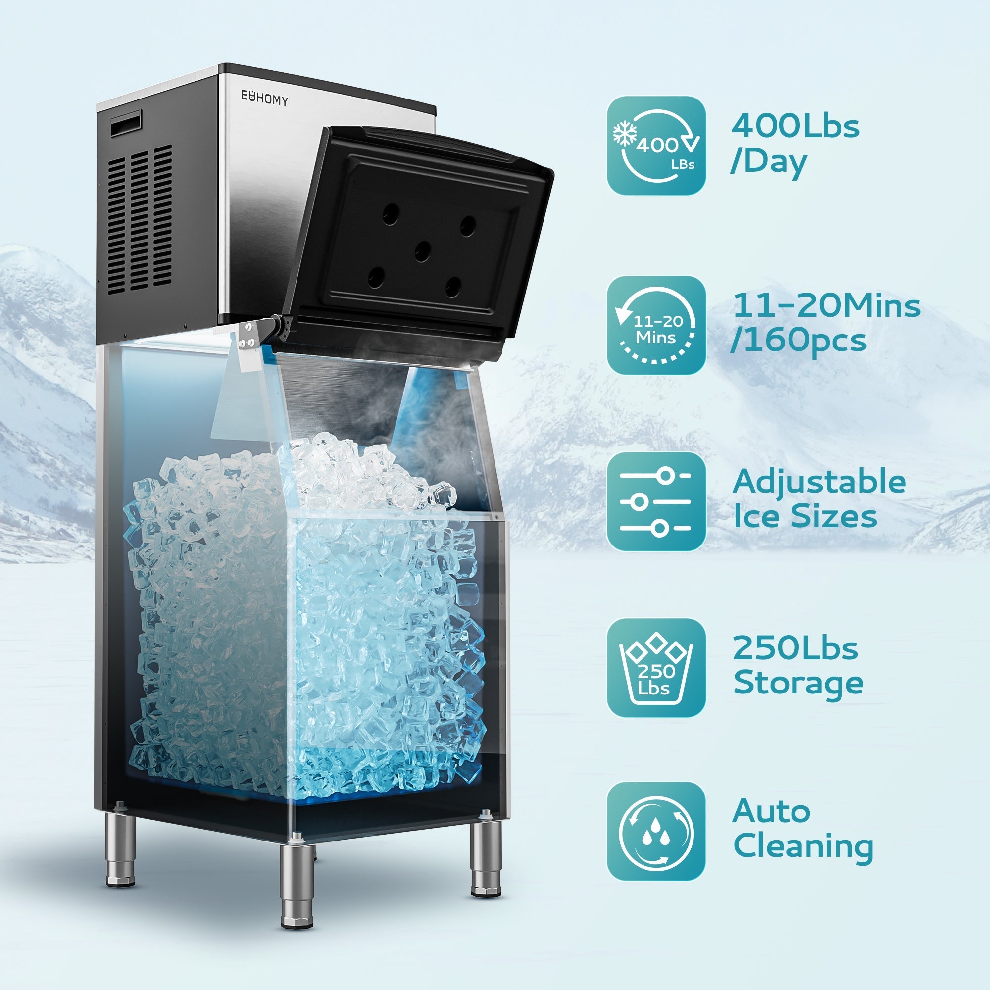 EUHOMY 339/449Lbs/24H Easy Use Commercial Ice Maker Machine Includes 2 Bottles of Cleaner - CIM-01CS2