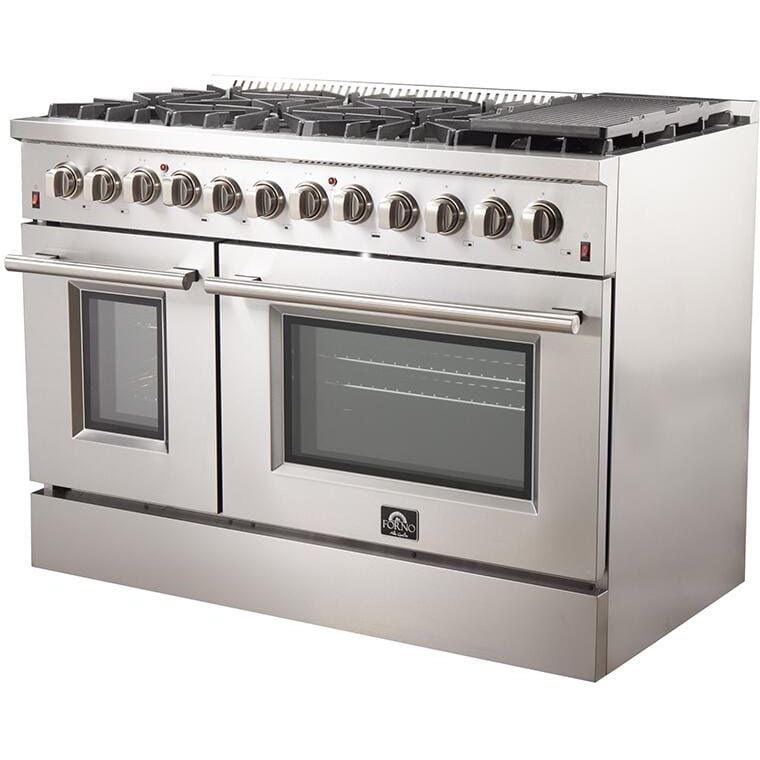 Forno Appliance Package - 48 Inch Dual Fuel Range, Range Hood, Refrigerator, Microwave Drawer, Dishwasher, Wine Cooler, AP-FFSGS6156-48-9