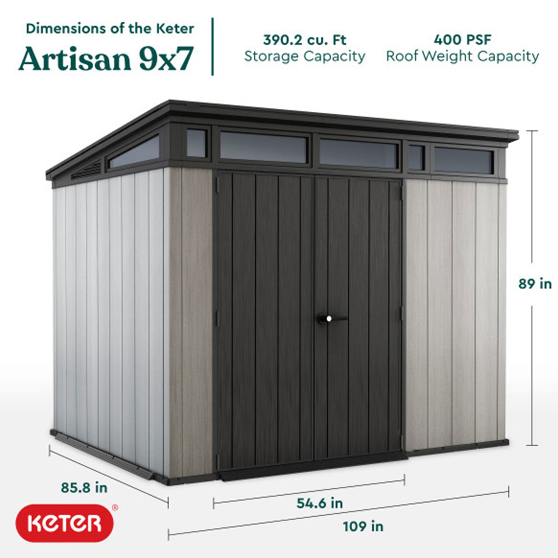 Keter Artisan 9x7 Foot Large Outdoor Shed with Floor with Modern Design, Grey - 301441