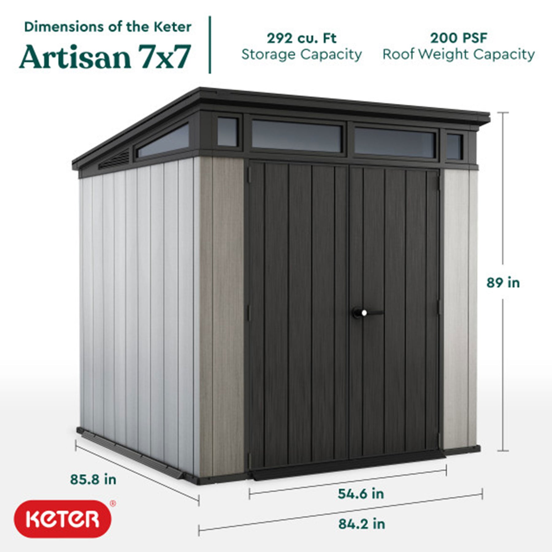 Keter Artisan 7 x 7 Foot Outdoor Shed for Garden Accessories and Tools, Gray - 301443