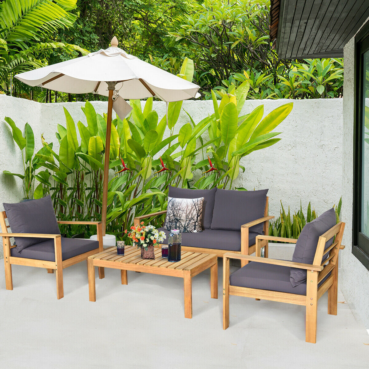 Costway Patio Furniture Set 4 Pieces Acacia Wood with Water Resistant Cushions New - HW69256GR+