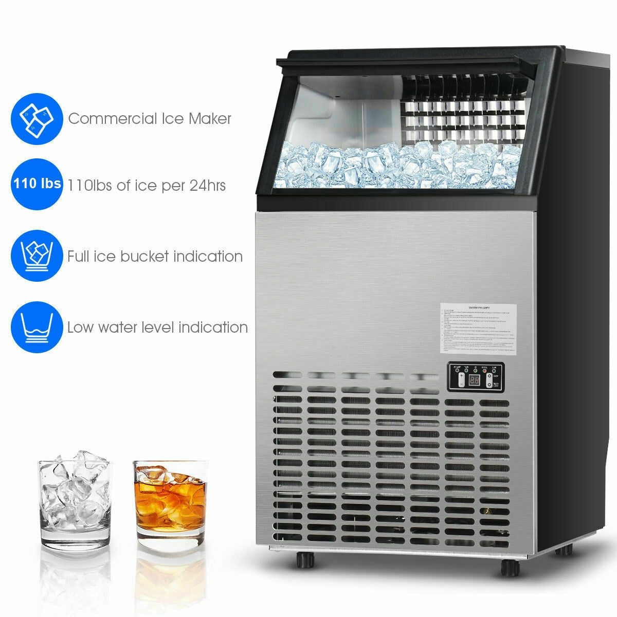 Costway Commercial Ice Maker Stainless Steel 110 lbs/Day 33 lbs Storage Capacity New - EP21967