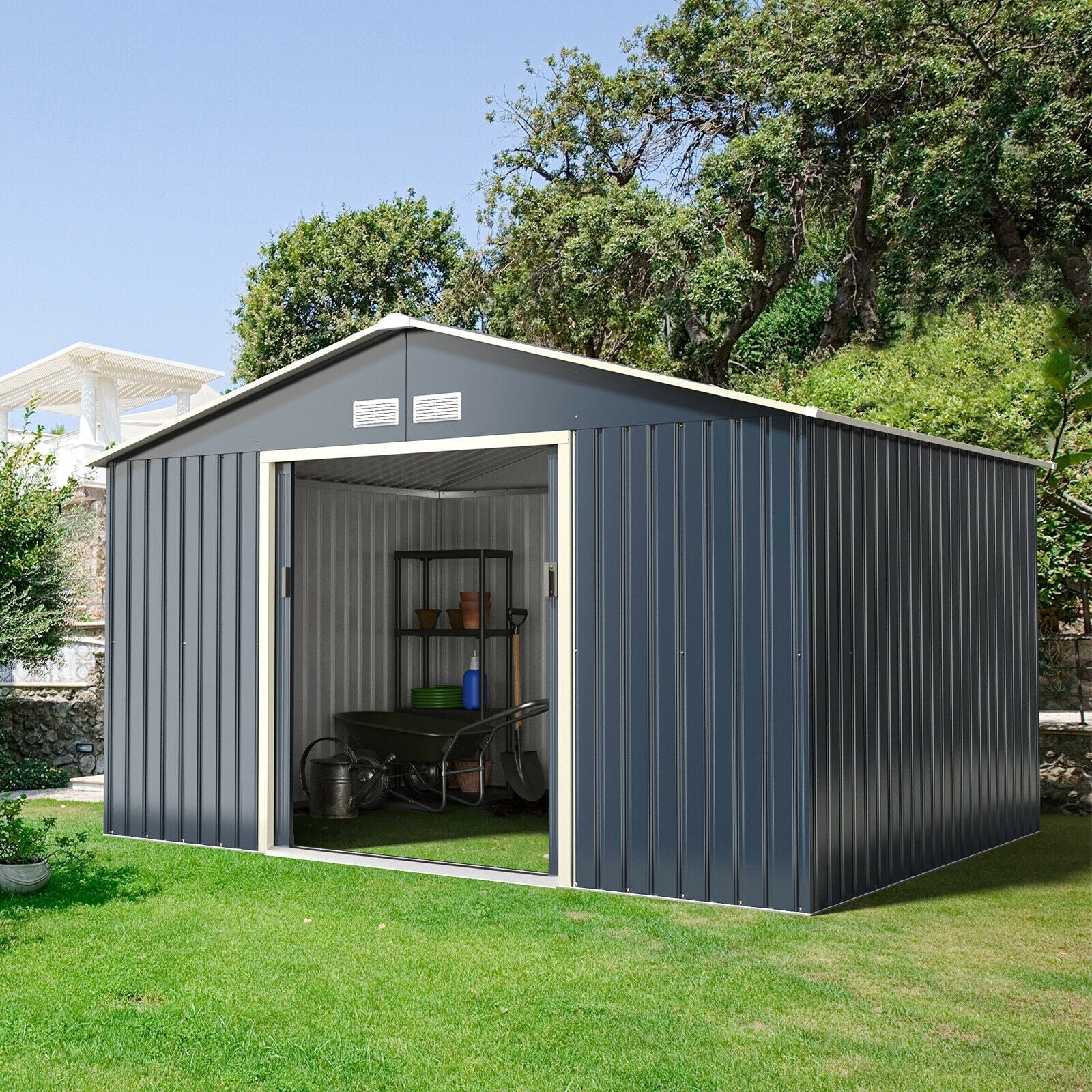 Costway Metal Storage Shed 11' x 8' with Sliding Double Lockable Doors New - GT3733GR+