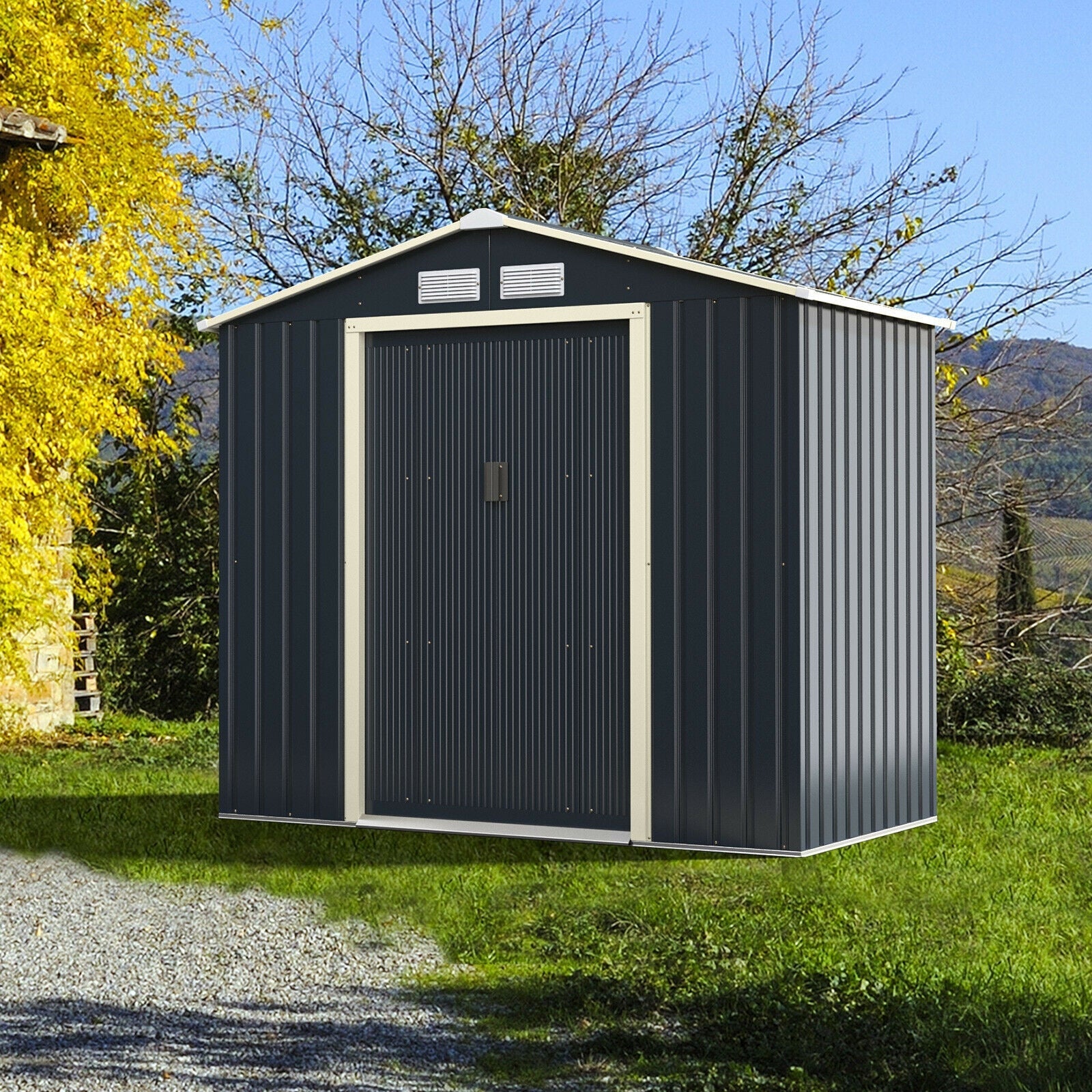 Costway Metal Storage Shed 7' x 4' with Sliding Double Lockable Doors New - GT3731GR+