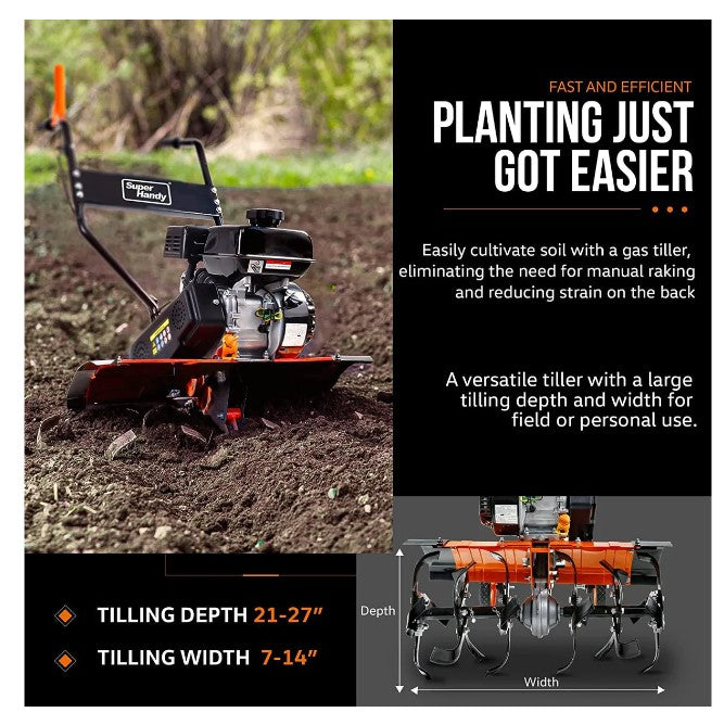 Super Handy GUO093 RotoTiller Cultivator 27” Width 7HP 209cc 4 Stroke Gas Motor 6 Steel Adjustable Tines New