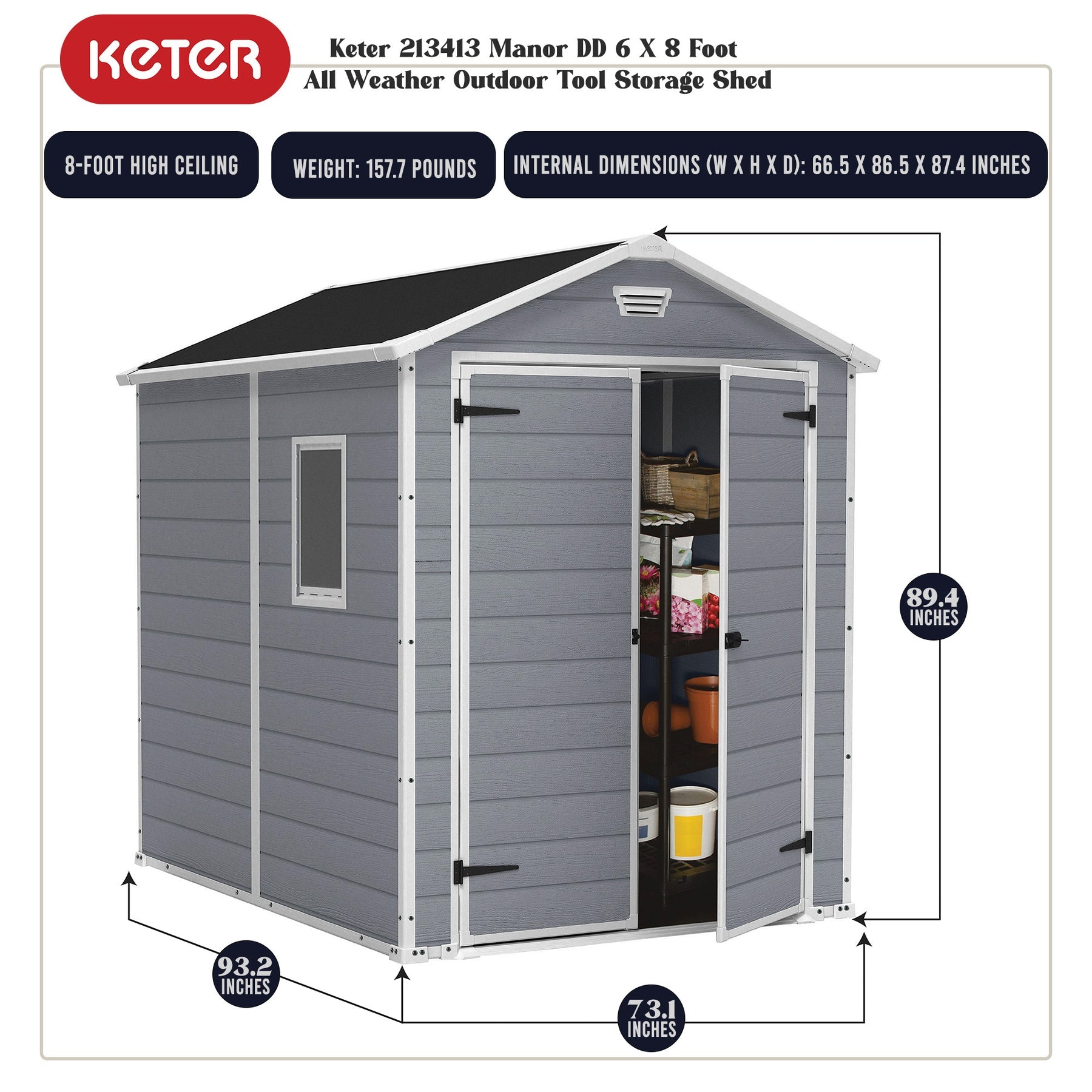 Keter Manor 6x8 Foot Outdoor Garden Storage Shed with 40 Inch Steel Shelf Kit - 406042