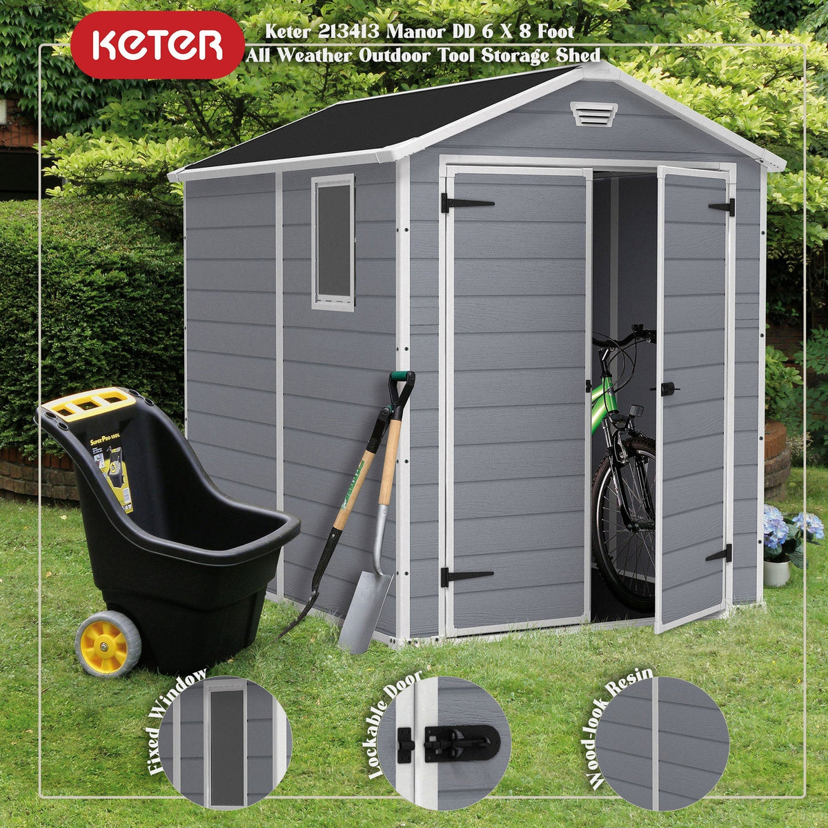 Keter Manor 6x8 Foot Outdoor Garden Storage Shed with 40 Inch Steel Shelf Kit - 406042