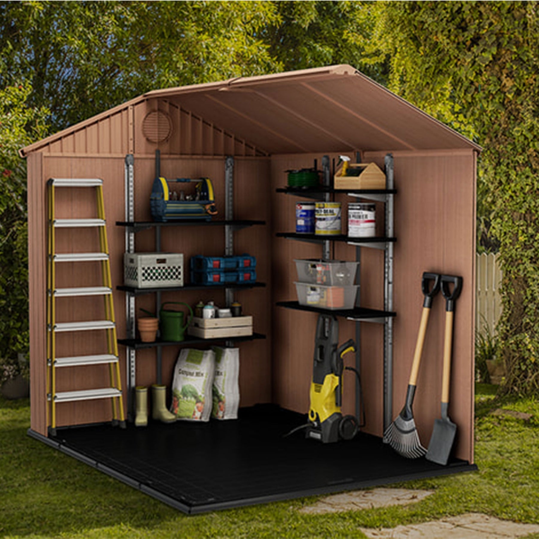 Keter Manor 6x8 Foot Outdoor Garden Storage Shed with 40 Inch Steel Shelf Kit - 406042