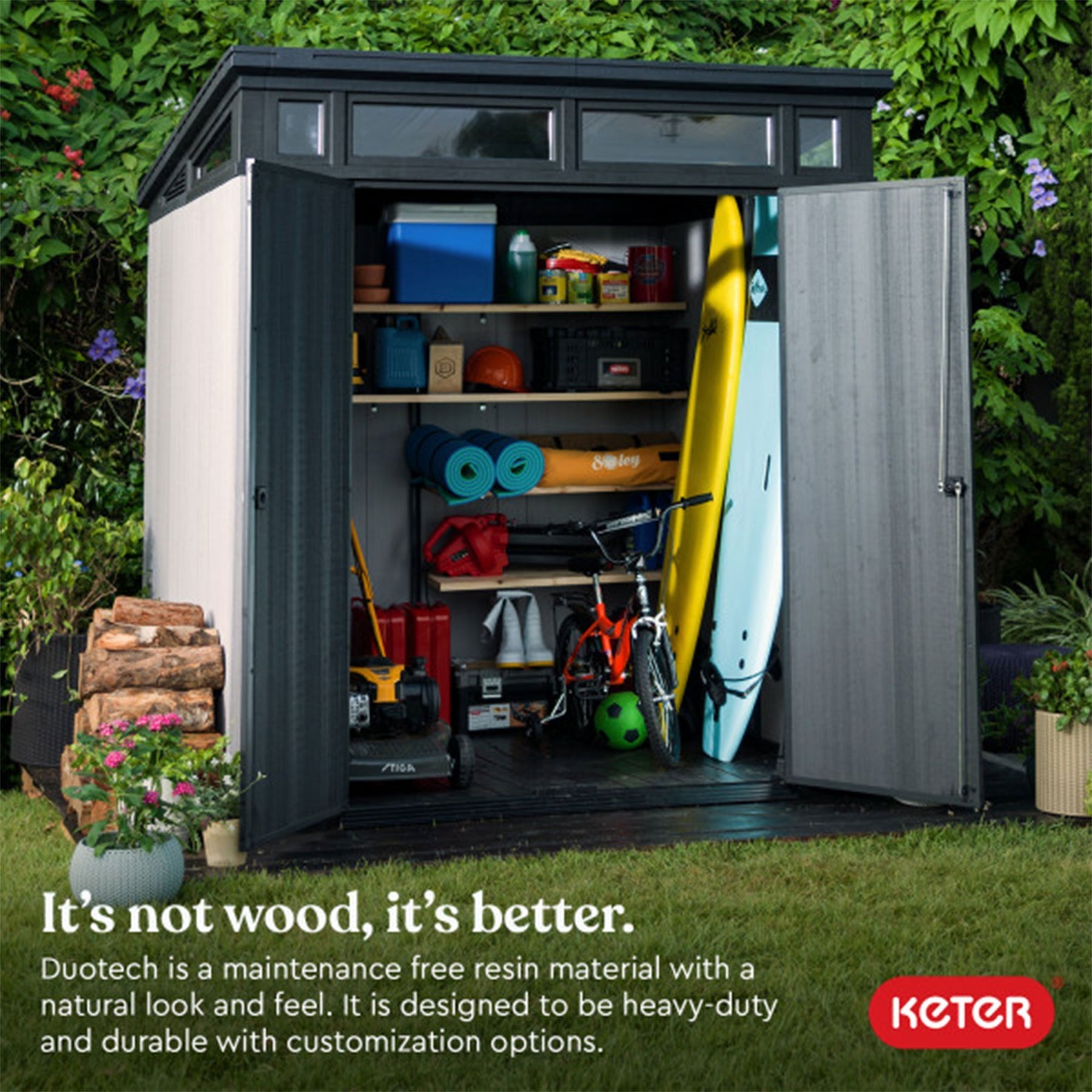 Keter Artisan 7x7 Foot Outdoor Garden Storage Shed with 40 Inch Steel Shelf Kit - 406045