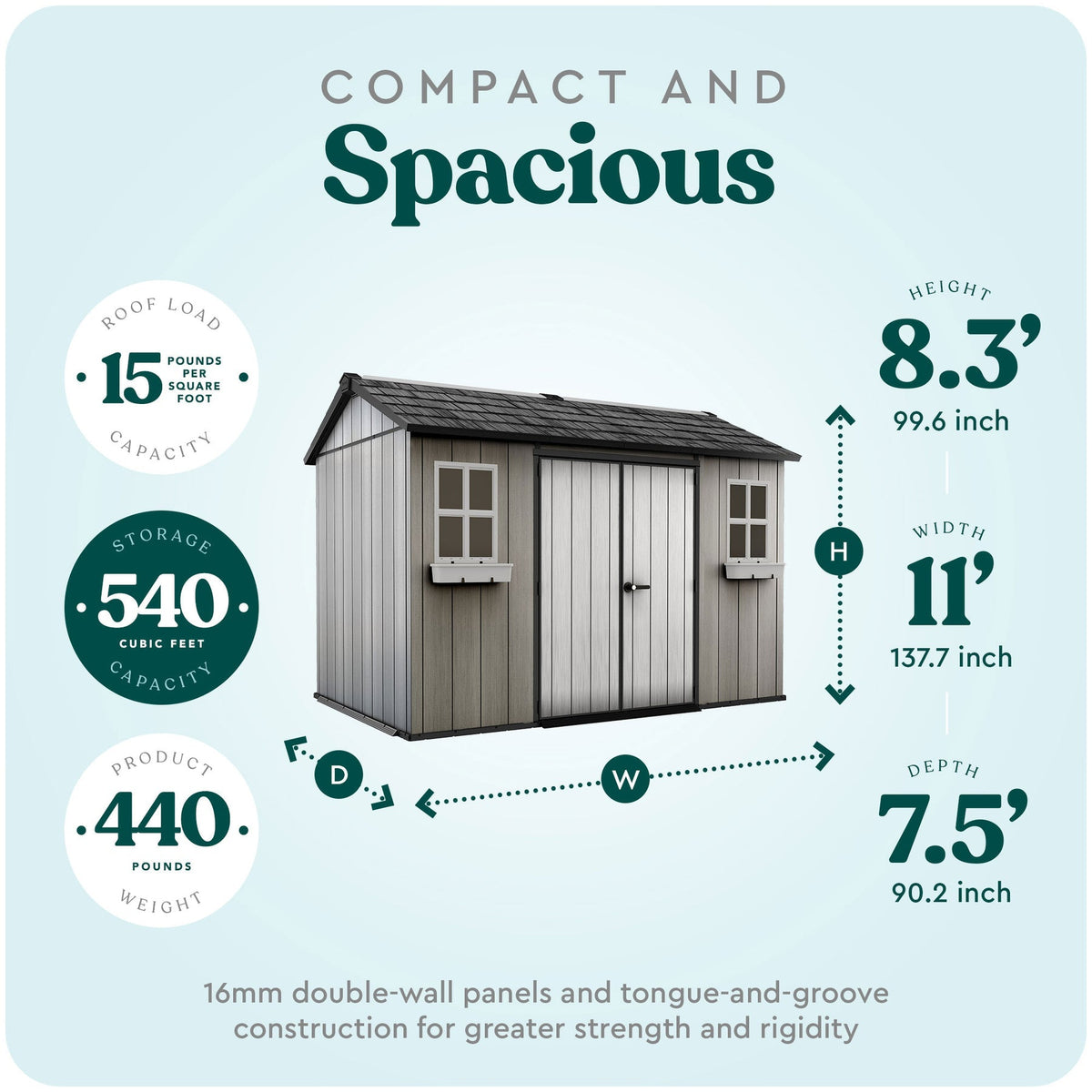 Keter Oakland 11 x 7.5' Outdoor Garden Storage Shed with 40 Inch Steel Shelf Kit - 406047