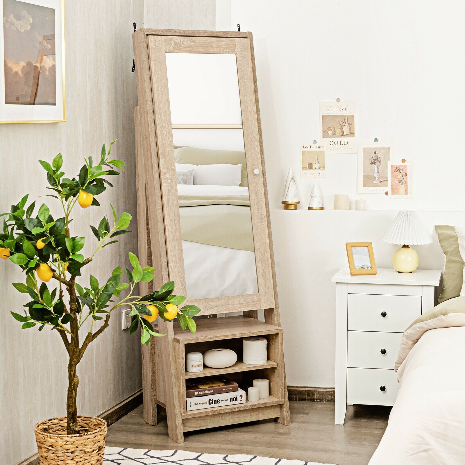 Costway 2-in-1 Full-Length Mirror with Wooden Cosmetics Storage Cabinet New - JV10008+