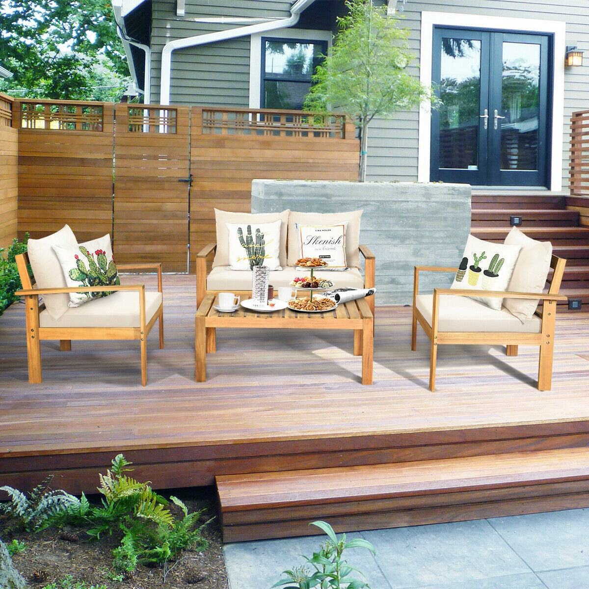 Costway Patio Furniture Set 4 Pieces Acacia Wood with Water Resistant Cushions New - HW69256GR+