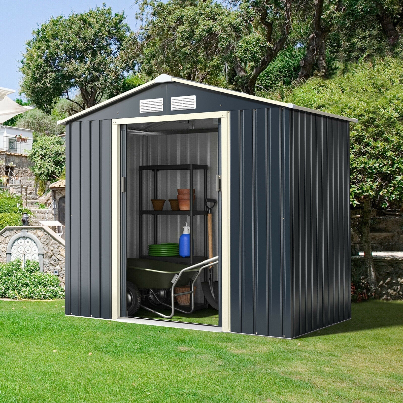 Costway Metal Storage Shed 7' x 4' with Sliding Double Lockable Doors New - GT3731GR+