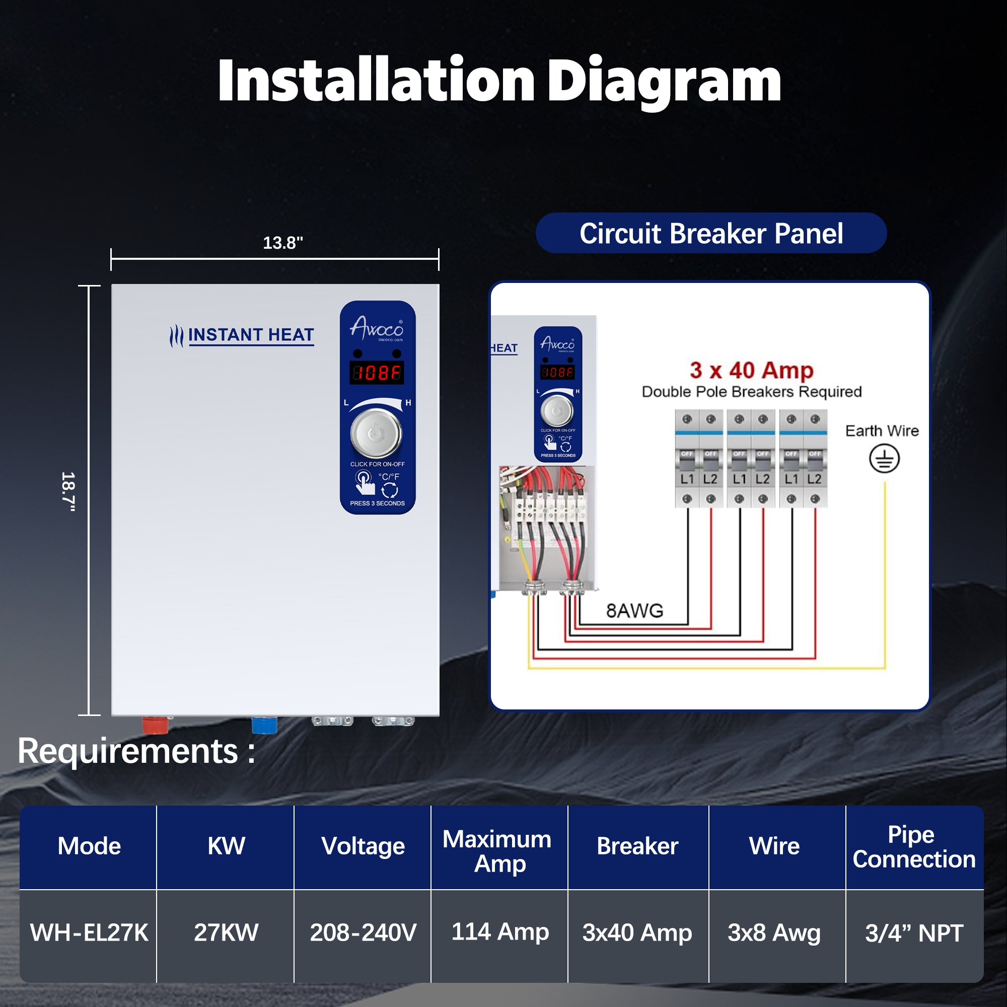 Awoco Electric Tankless Water Heater, 208-240V, Adjustable Instant Heat, Digital Display – WH-EL18K