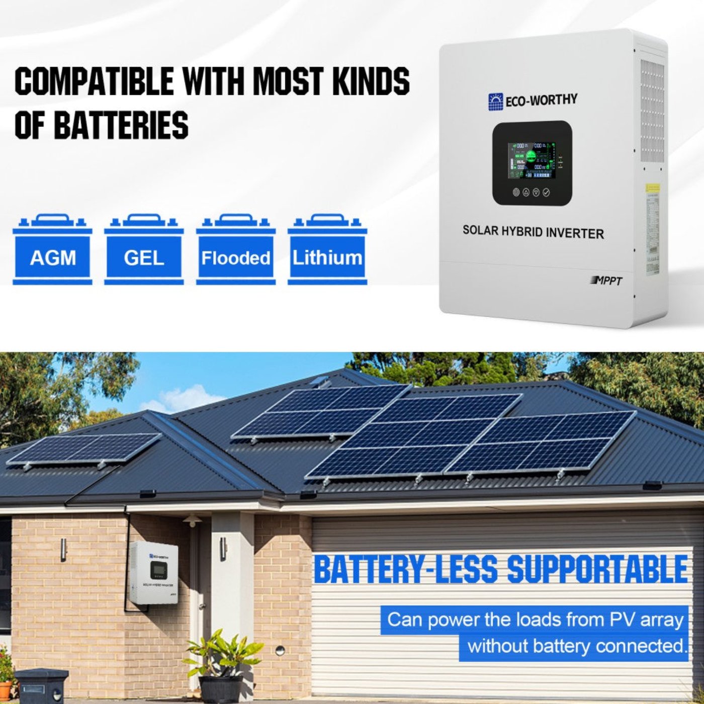 Eco-Worthy 5000W Solar Hybrid Inverter Charger 48V DC to 120V-240V AC Split Phase Power Inverter