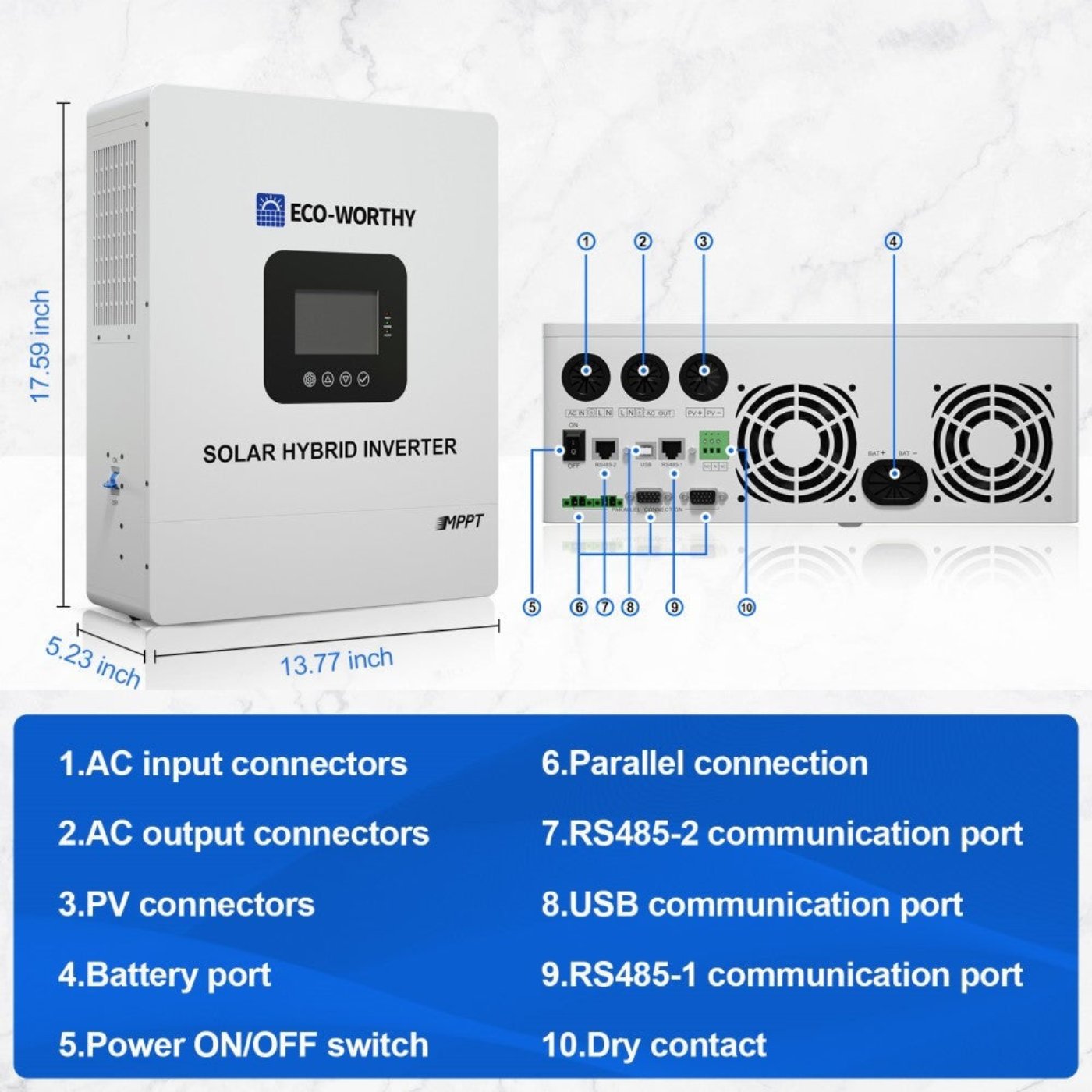 Eco-Worthy 5000W Solar Hybrid Inverter Charger 48V DC to 120V-240V AC Split Phase Power Inverter