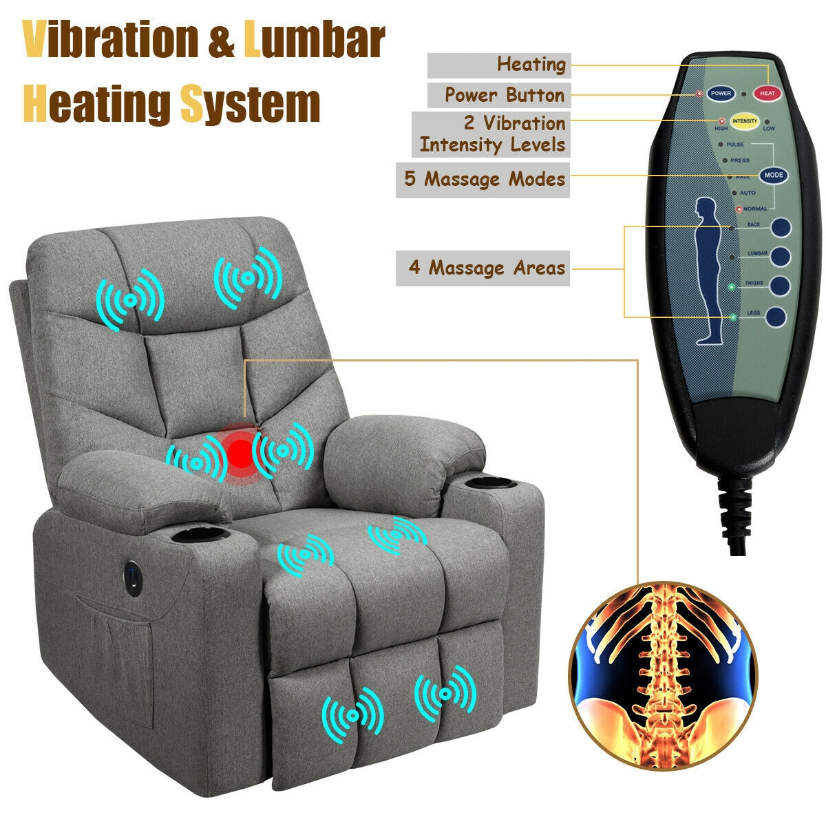 Costway Electric Massage Recliner with Power Lift 8-Point Massage and Lumbar Heat New - HW65587SL+