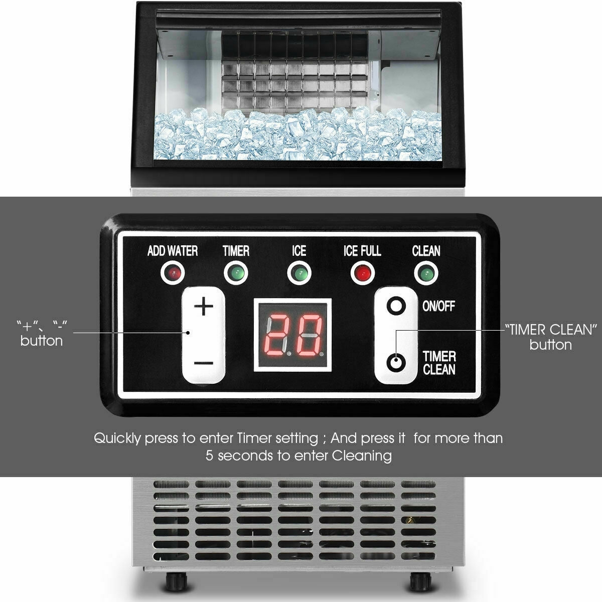 Costway Commercial Ice Maker Stainless Steel 110 lbs/Day 33 lbs Storage Capacity New - EP21967