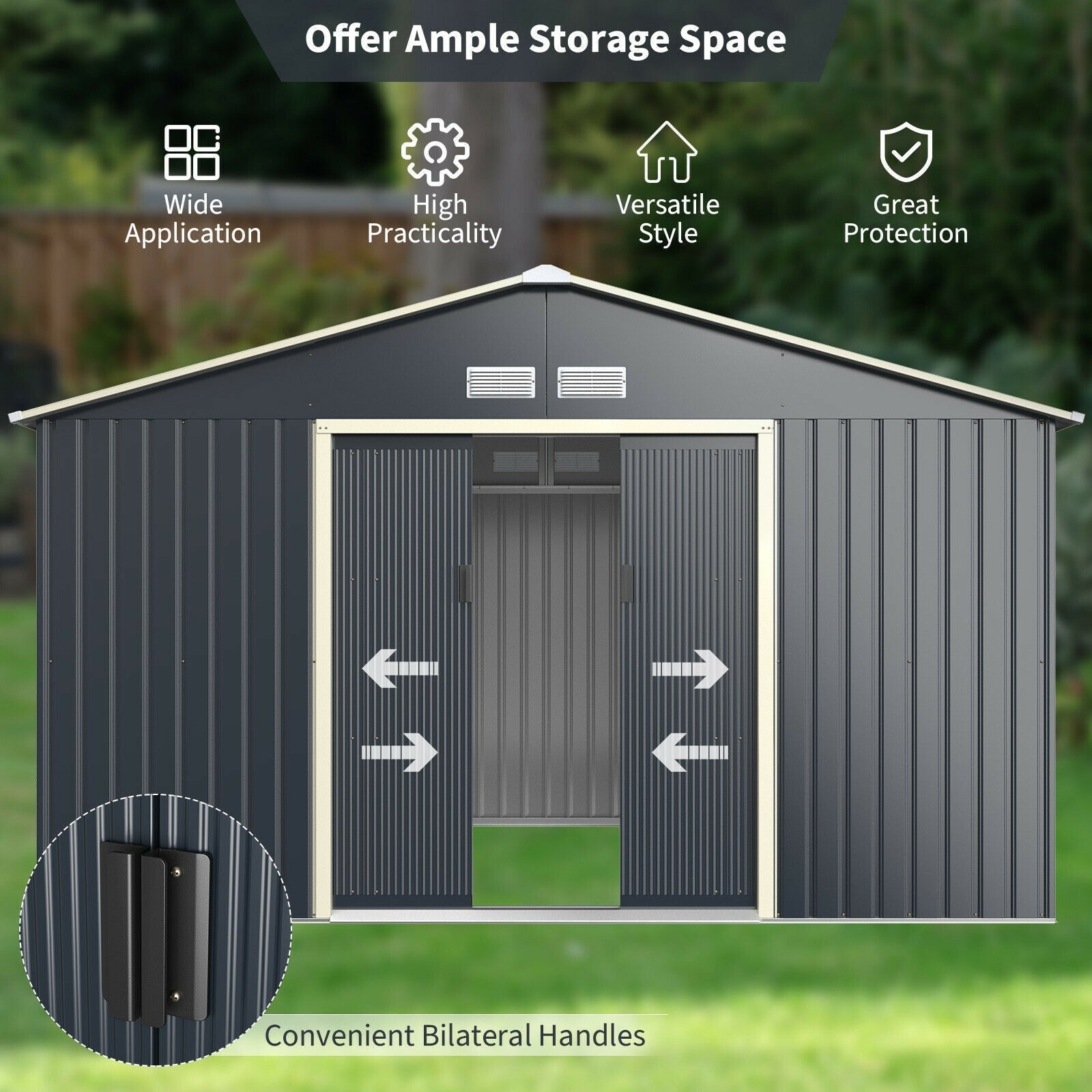 Costway Metal Storage Shed 11' x 8' with Sliding Double Lockable Doors New - GT3733GR+