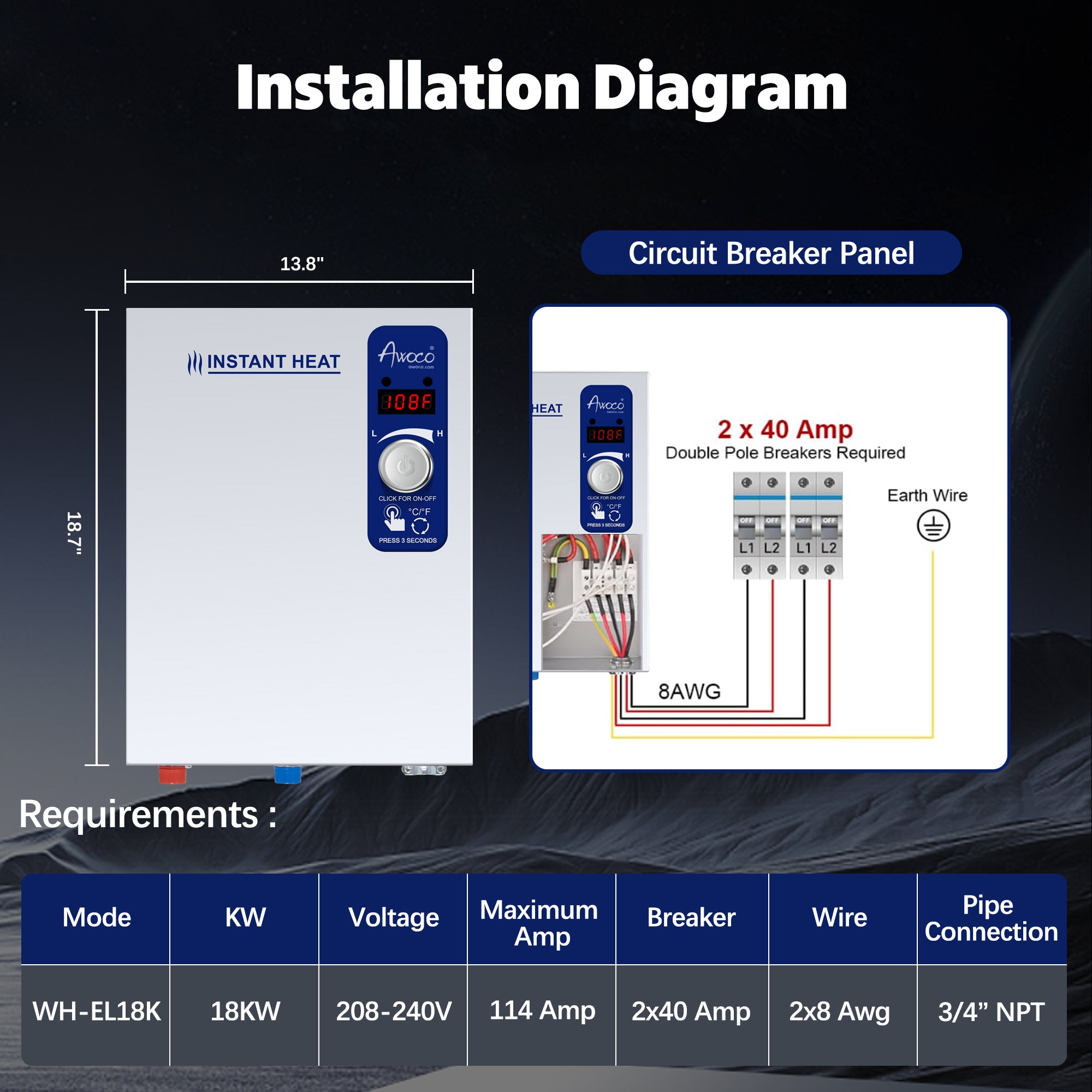Awoco Electric Tankless Water Heater, 208-240V, Adjustable Instant Heat, Digital Display – WH-EL18K